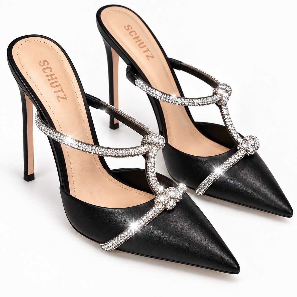 SCHUTZ Multiamarrad Black Leather Crystal Knot Pointed Toe Mules Heels 7B